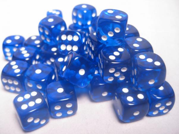 Dice Sets Blue/White Translucent 12mm d6 (36)