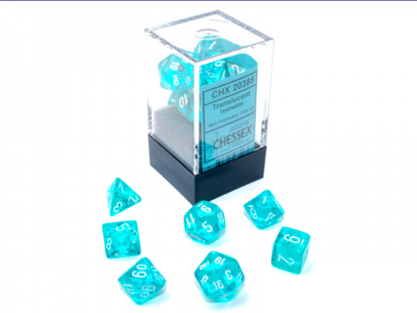 Translucent Mini-Polyhedral Teal/White 7-Die Set