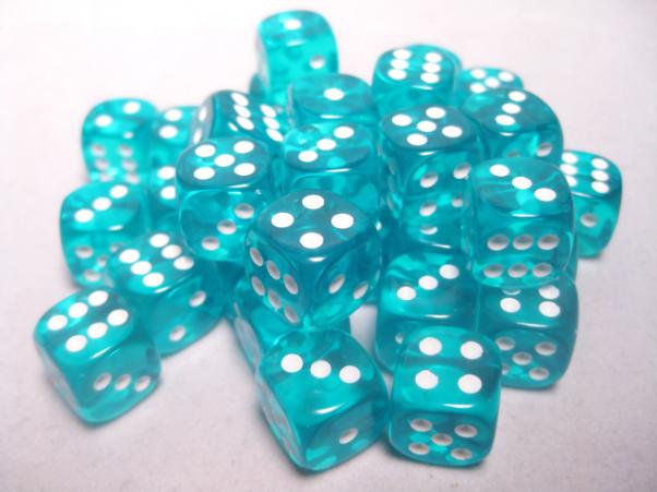 Dice Sets Teal/White Translucent 12mm d6 (36)