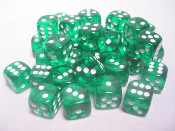 Dice Sets Green/White Translucent 12mm d6 (36)