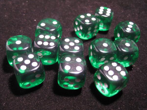 Dice Sets Green/White Translucent 16mm d6 (12)